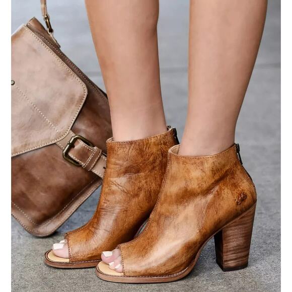 Bed Stu Shoes - Bed Stu Peep Toe Zip Bootie Block Heel Distressed Brown Leather Boots Size 7